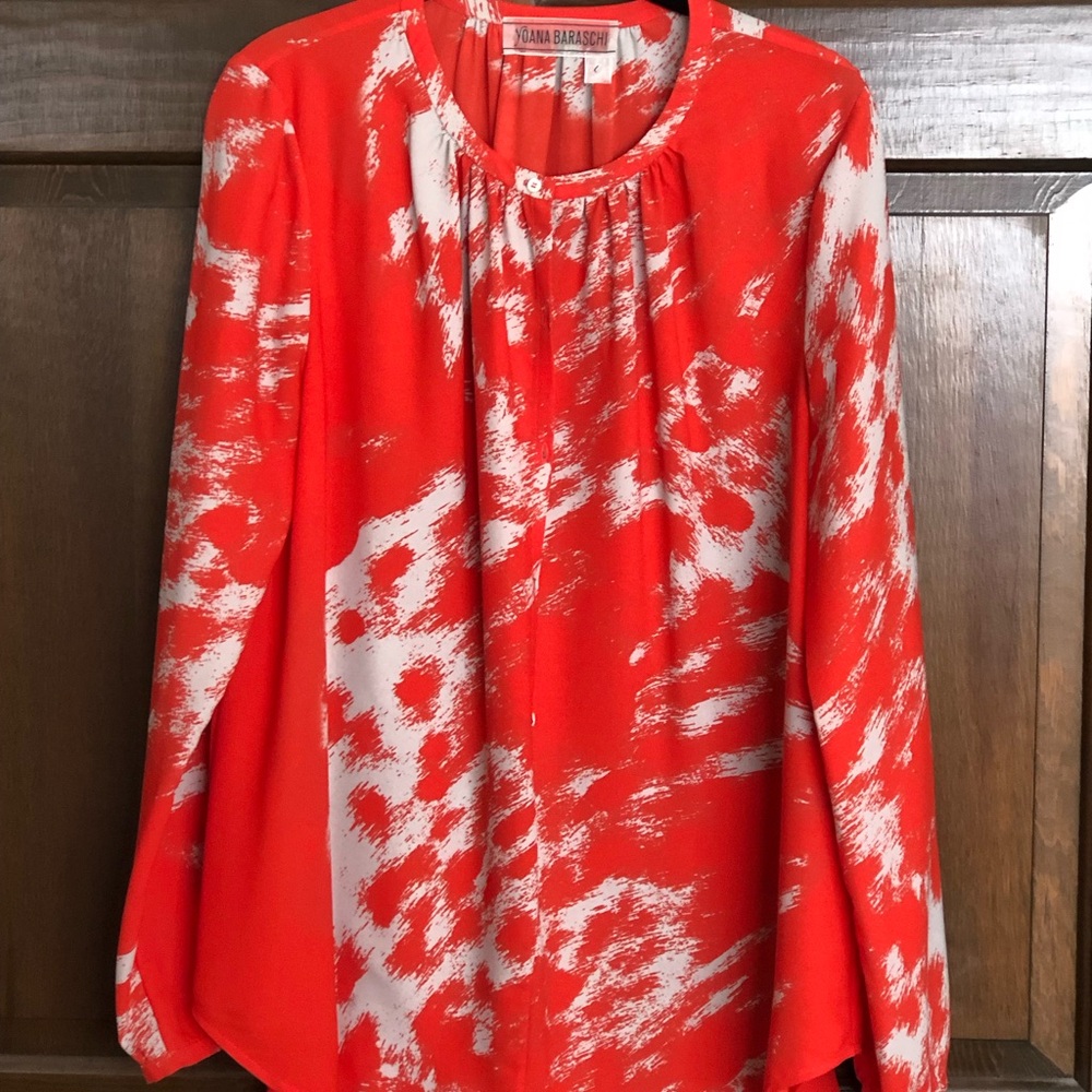 Yoana Baraschi Red and Beige Pleated Long Sleeve Blouse